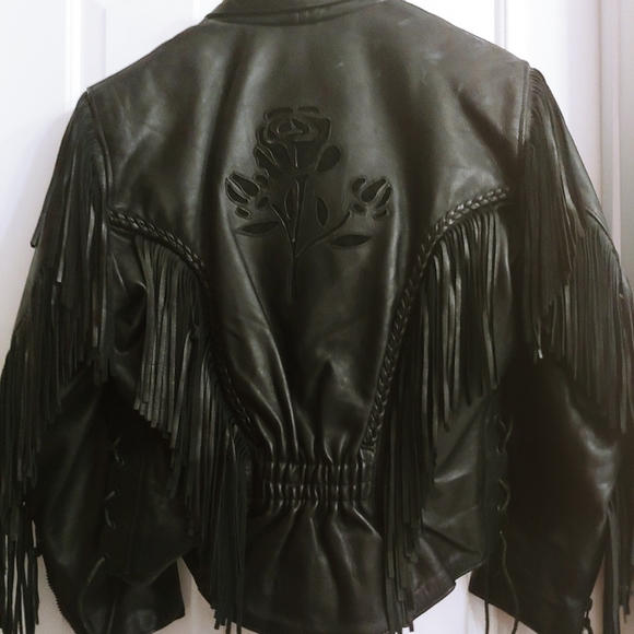 Black Genuine Leather Fringed Jacket w/ Black Rose - Picture 8 of 14